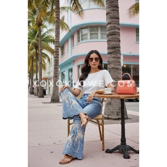 Oli & Hali Palm Tree Eyelet Embroidered Wide Leg Jeans | Mineral Wash Denim - Picture 7 of 8